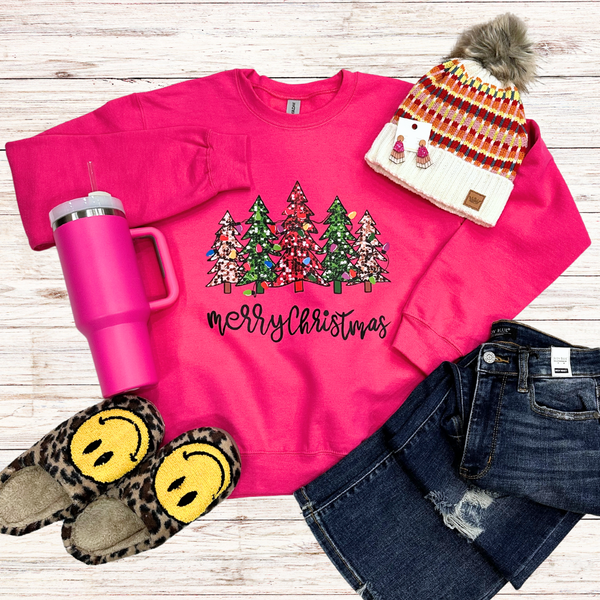 Hot Pink Merry Christmas Crewneck Sweatshirt S-3XL