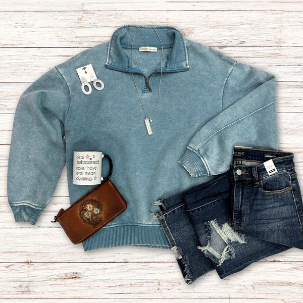 Zenana Vintage Washed Blue-Gray Quarter-zip Pullover S-3XL