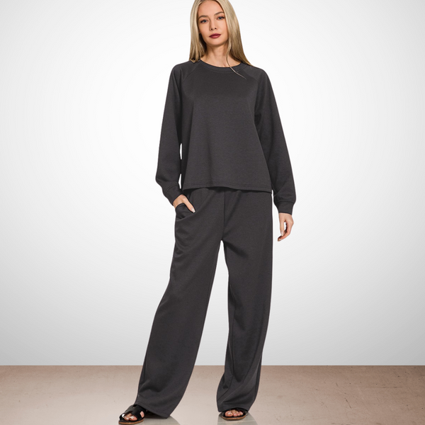 Black Scuba Crewneck Pullover & Pants 2 Piece Set