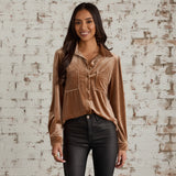 Tan Velvet Button Up S-2XL