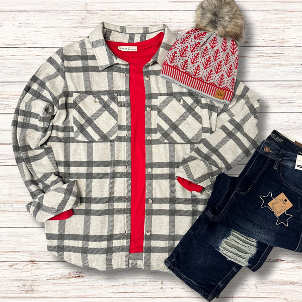 Charcoal & Beige Plaid Button Up S-XL