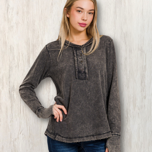 Black Vintage Washed Henley S-L