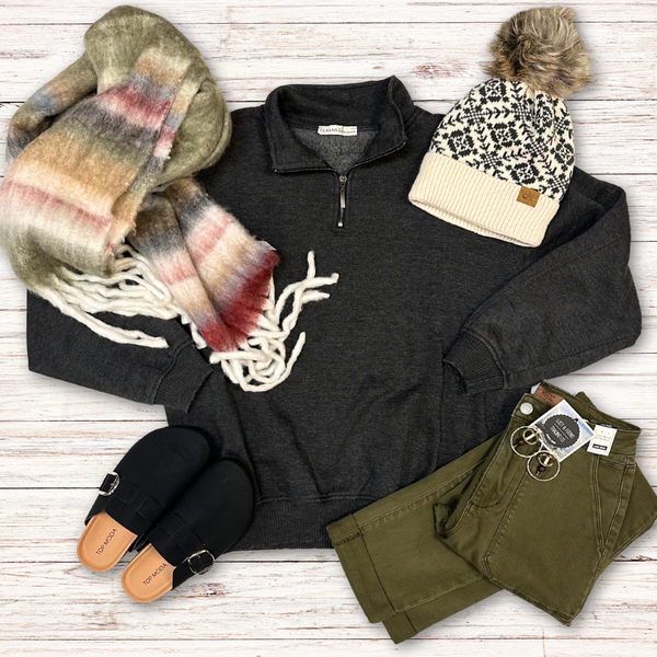 Zenana Vintage Washed Black Quarter-zip Pullover S-3XL