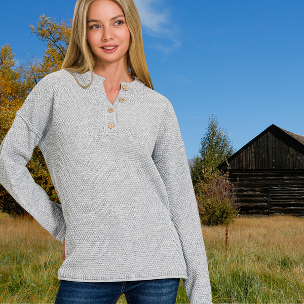 Zenana Gray Henley Sweater S-XL