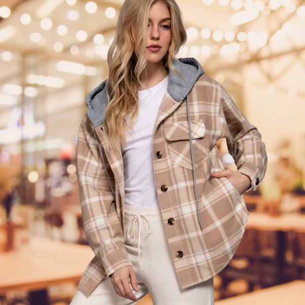 Mocha Plaid Hooded Shacket S-2XL