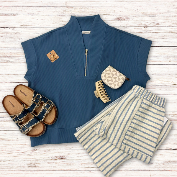 Chambray Ribbed Quarter-Zip Top S-XL