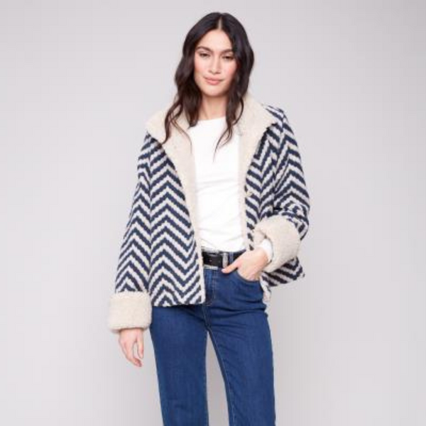 Chevron Boucle Short Jacket With Sherpa Trim S-XL