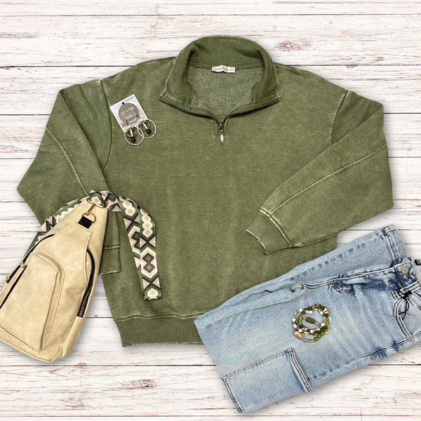 Zenana Vintage Washed Olive Quarter-zip Pullover S-3XL