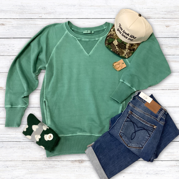 Green Pigment Dyed French Terry Pullover With Pockets S-XL