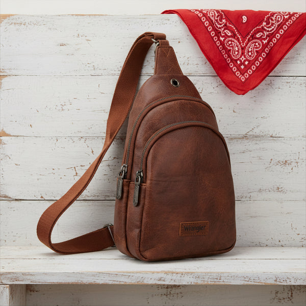 Wrangler Sling Bag/Crossbody/Chest Bag Dual Zippered Compartment - Brown