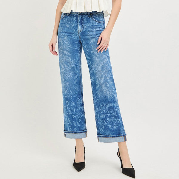 Risen Mid Rise Ankle Straight Print Details Jeans