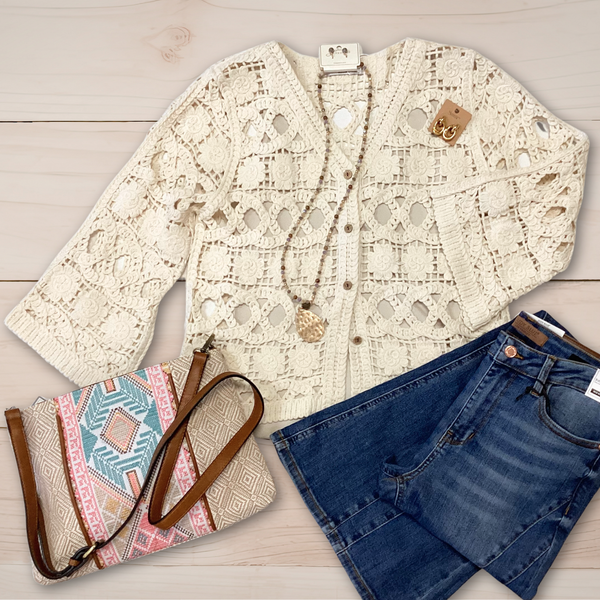 Heather Beige Crochet Lace Cardigan