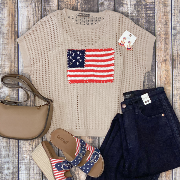 American Flag Patch Open Knit Sweater S-L