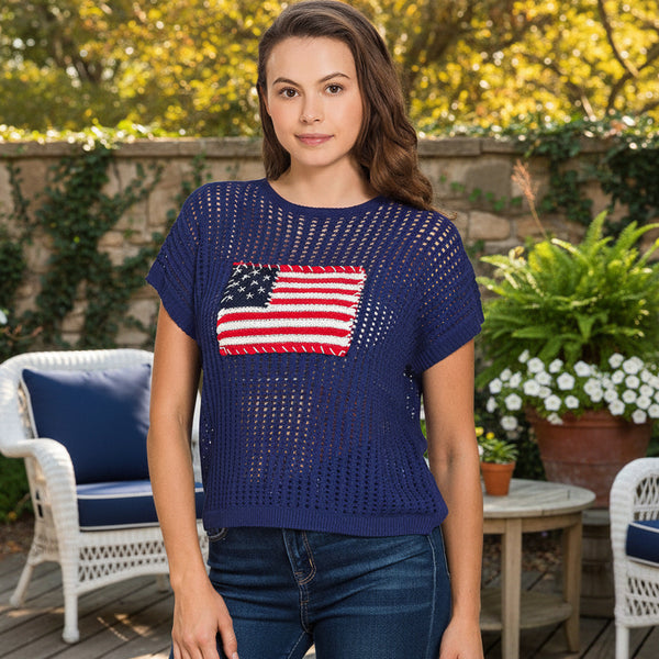 Navy American Flag Patch Open Knit Sweater S-L