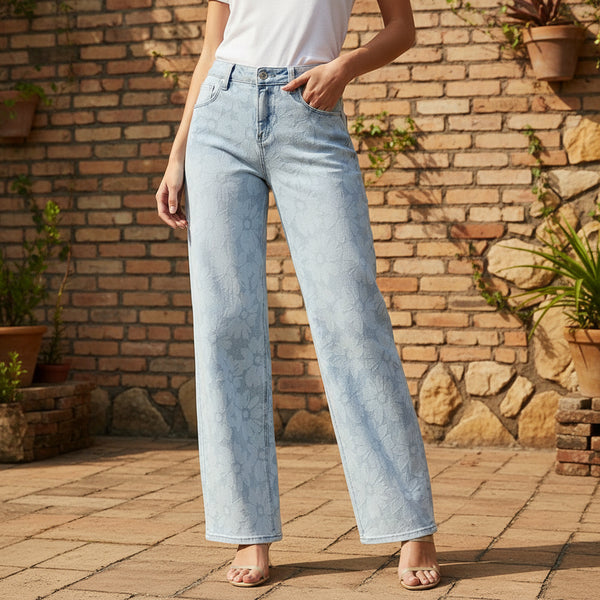 Risen High Rise Wide Baggy Floral Print Denim
