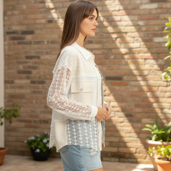 Beige Lace Panel Button Up Shirt Jacket S-L