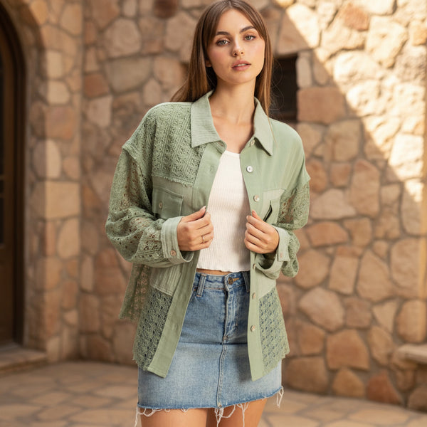 Light Olive Lace Panel Button Up Shirt Jacket S-L