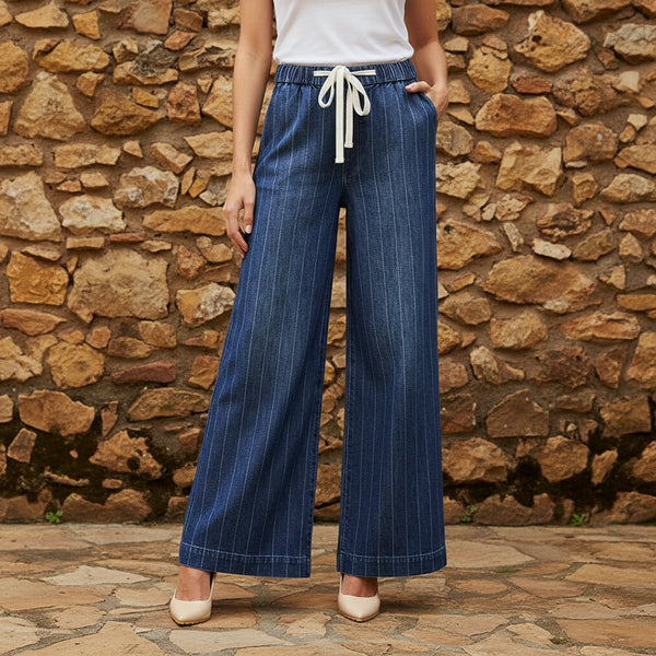 Risen Slouchy Wide Stripe Jeans With Drawstring Waist