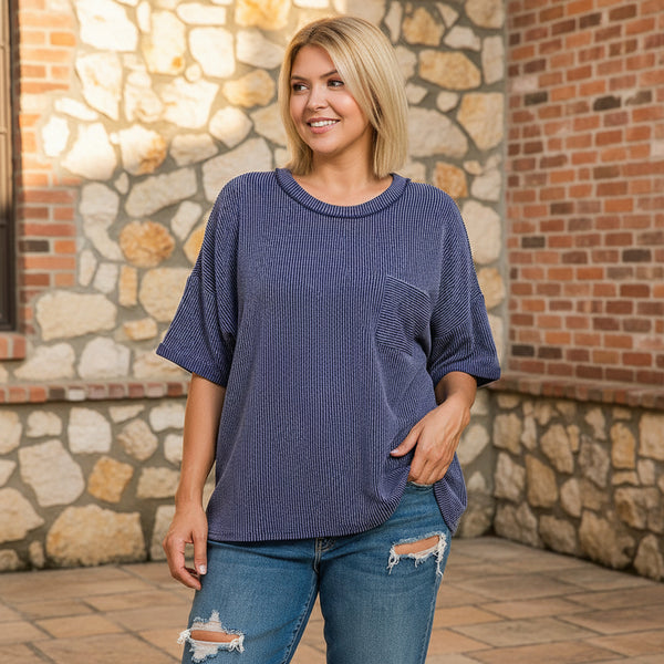 Navy Ribbed Top S-3XL