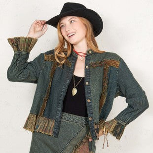 Western Boho Patch Pocket Crop Denim Jacket