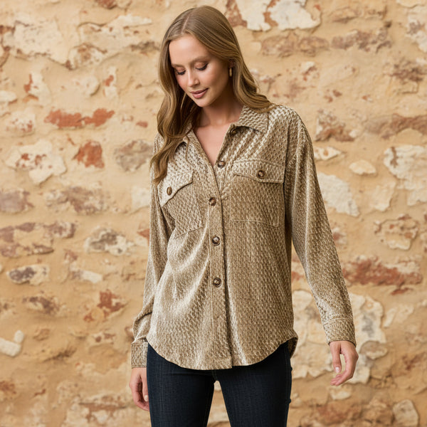 Khaki Textured Velvety Button-down Shacket