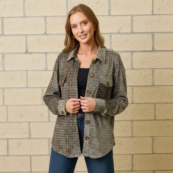 Olive Textured Velvety Button-down Shacket