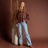 Drew Floral Fig V-Neck Long Sleeve Tiered Blouse S-XL