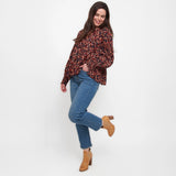 Drew Floral Fig V-Neck Long Sleeve Tiered Blouse S-XL