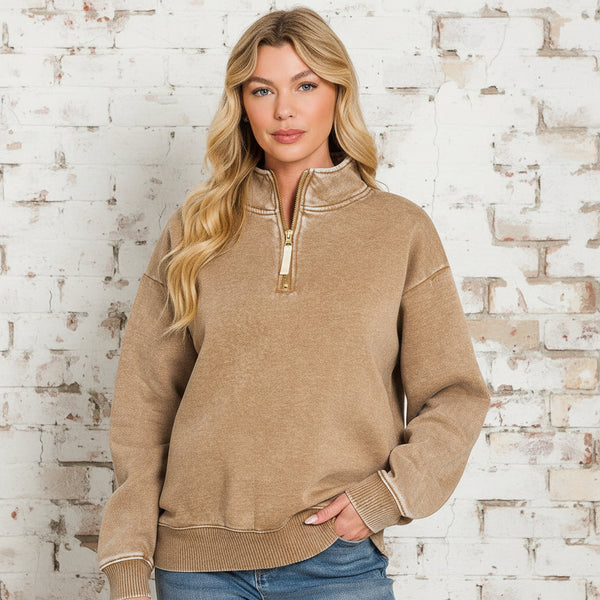 Zenana Camel Quarter-zip Pullover S-3XL