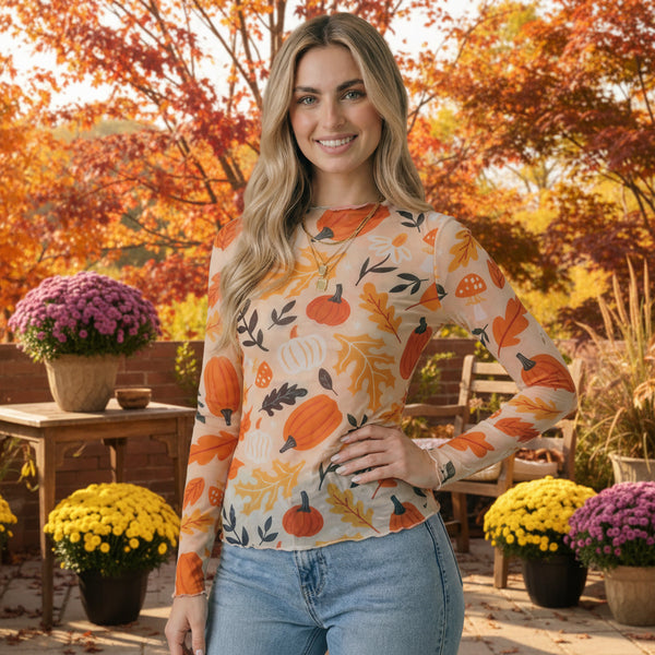 Pumpkin & Leaves Mesh Top S-L