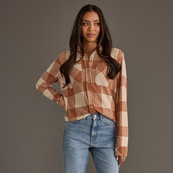 Rust and cream Plaid Soft Button Up S-2XL