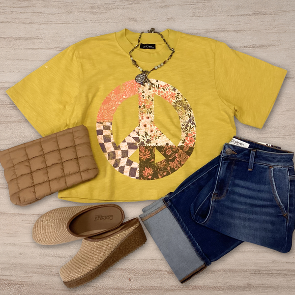 Patchwork Peace Sign Vintage Washed Crop Tee S-L
