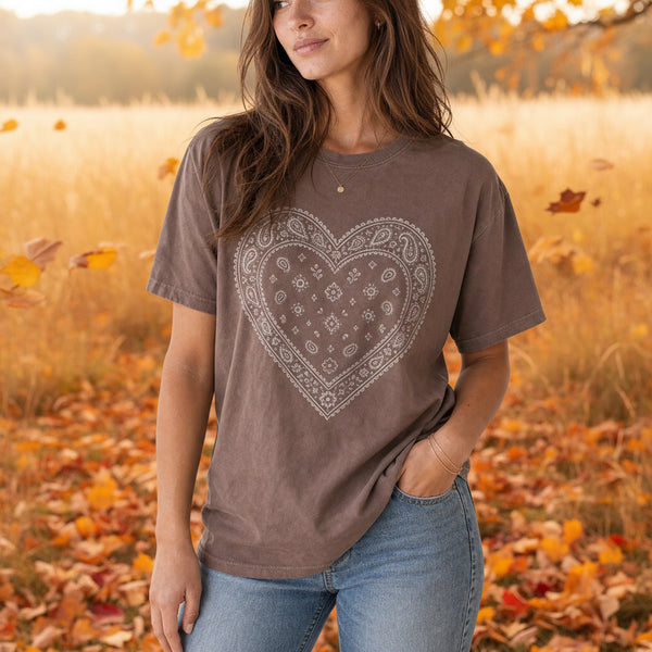Paisley Bandana Heart Vintage Washed Brown Tee S-XL