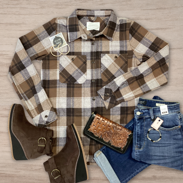 Brown and Gray Plaid Button Up S-XL