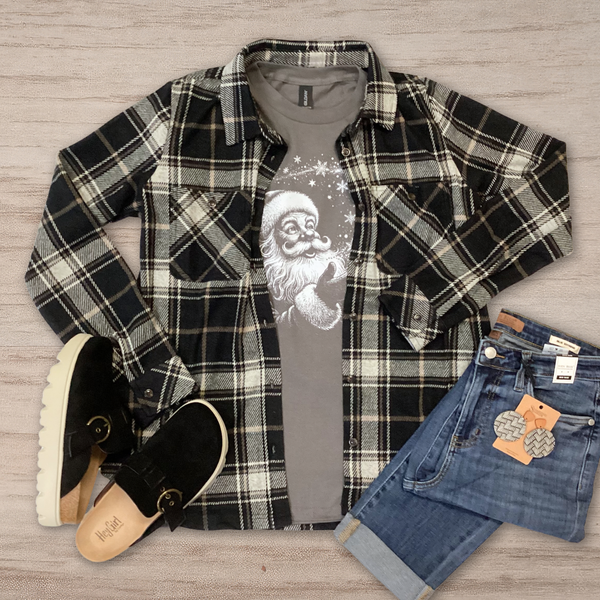 Black and Beige Plaid Button Up S-XL