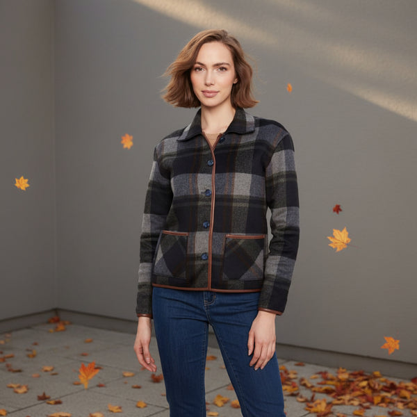 Charlie B. Charcoal Reversible Plaid Jacket W/Faux Leather Trim