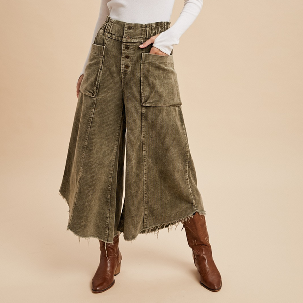 Mineral Wash Cropped Fray Hem Corduroy Wide Pants