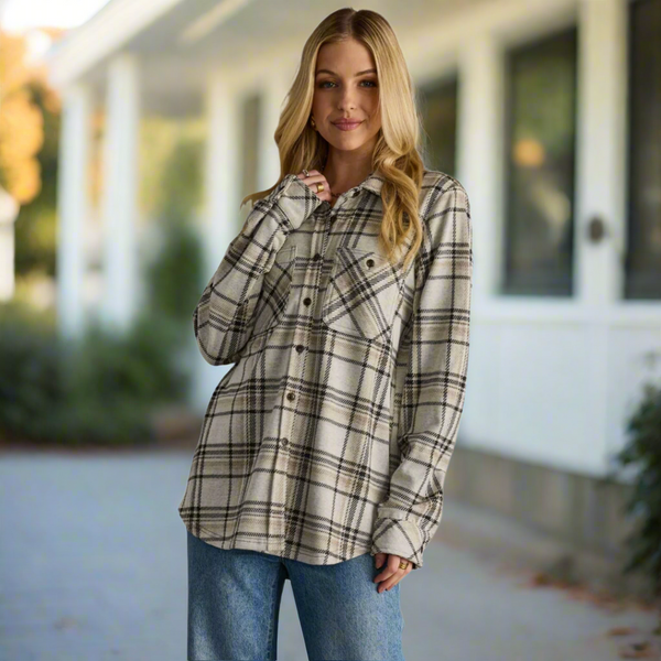 Taupe, Black & Tan Plaid Button Up S-XL