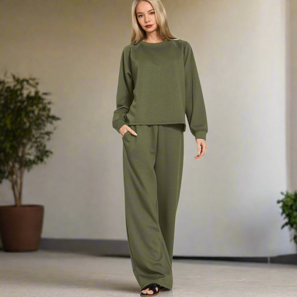 Olive Scuba Crewneck Pullover & Pants 2 Piece Set