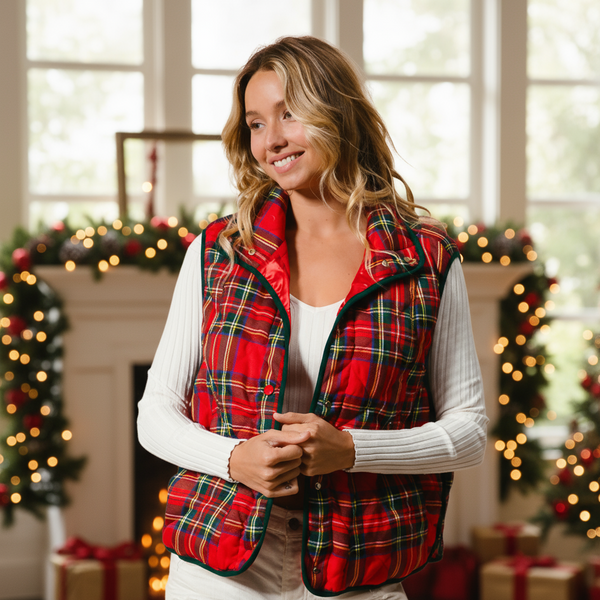 Holiday Plaid Puffer Vest S-XL