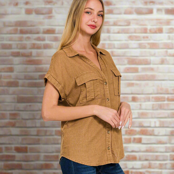 Camel Vintage Washed Linen Button Down Top S-XL