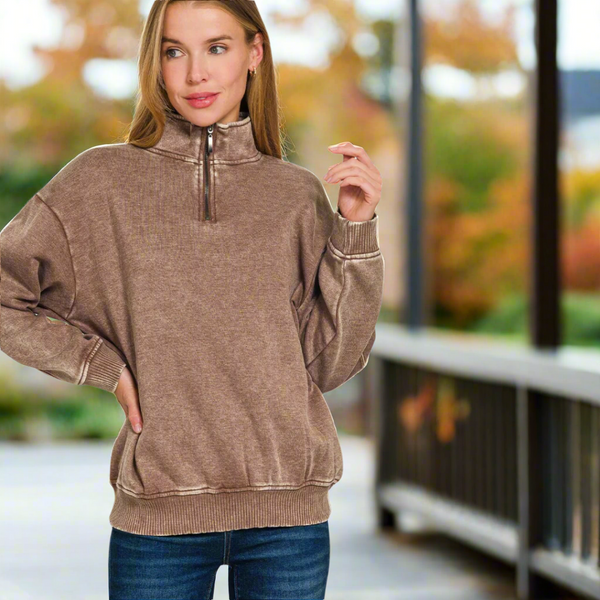 Zenana Vintage Washed Brown Quarter-zip Pullover S-3XL