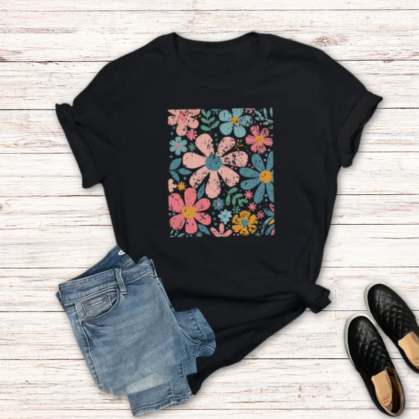Black Boho Flowers Graphic Tee S-2XL