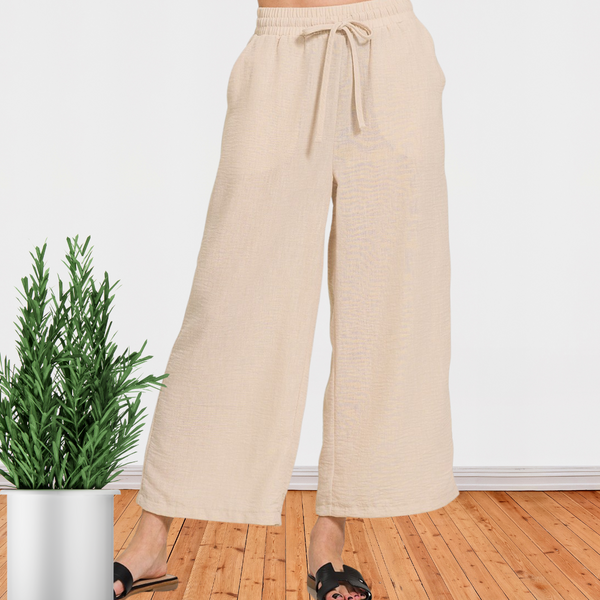Sand Beige Crepe Cropped Pants S-XL