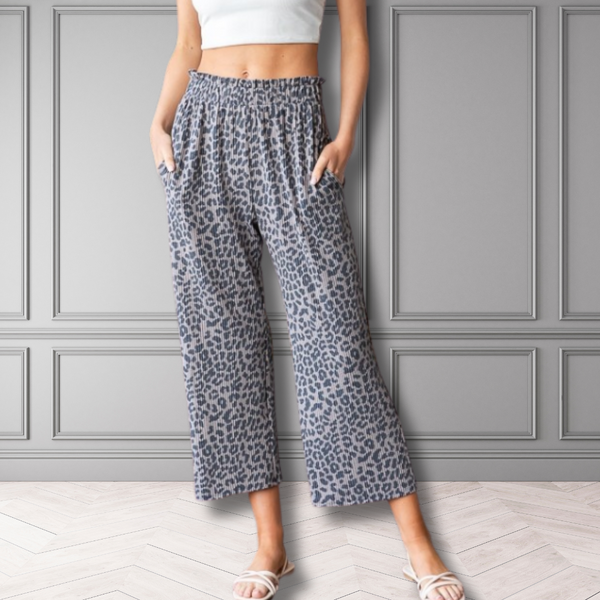 Animal Print Ribbed Cropped Pants S-L