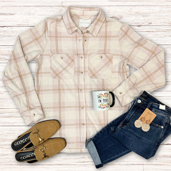 Beige, Camel & Pink Plaid Button Up S-XL