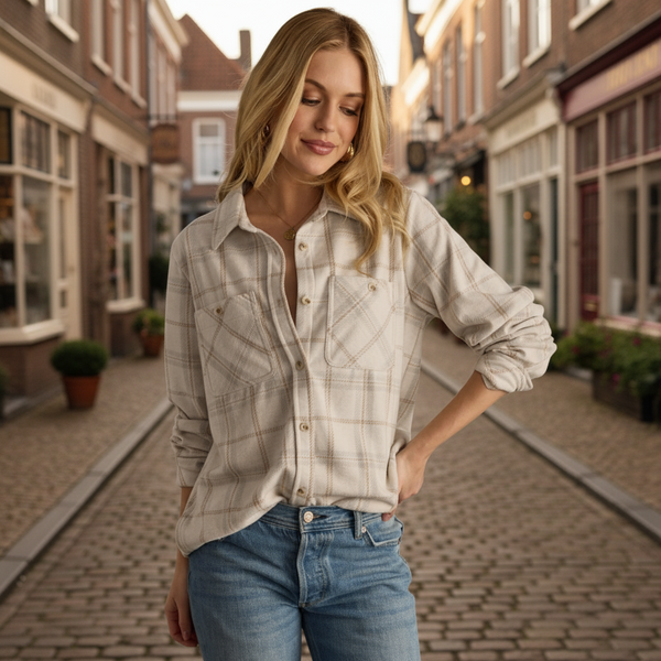 Light Gray & Beige Plaid Button Up S-XL