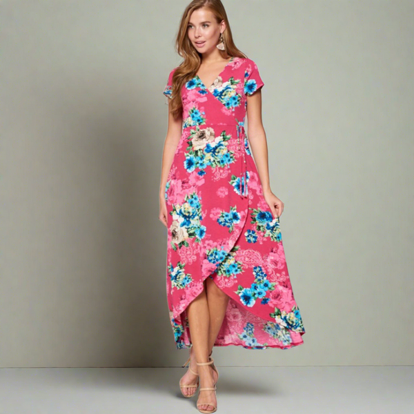 Fuchsia Floral Mock-Wrap Dress S-L