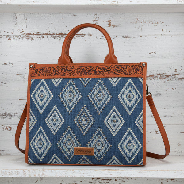 Wrangler Aztec Studded Denim Tote & Crossbody Bag - Jean