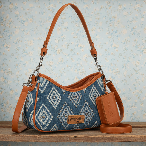 Wrangler Aztec Studded Denim Shoulder Bag with Mini Pouch - Jean
